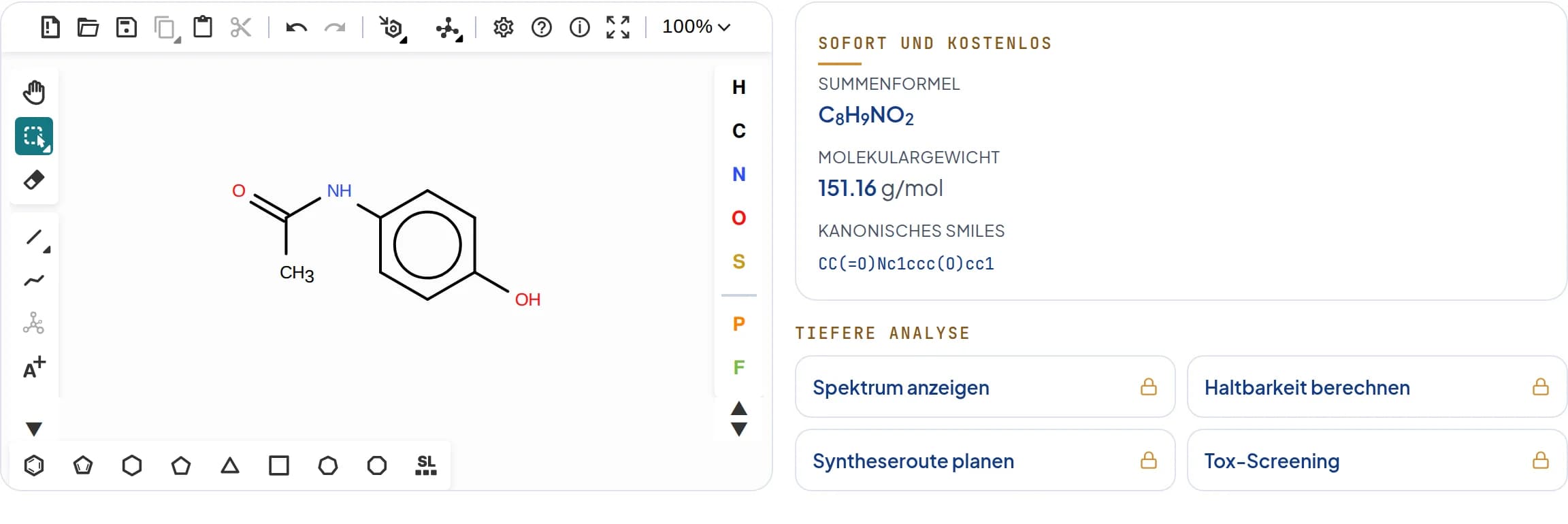 Sketcher-Vorschau mit Paracetamol: Struktureditor links, rechts Summenformel C8H9NO2, Molekulargewicht 151,16 g/mol und kanonisches SMILES.