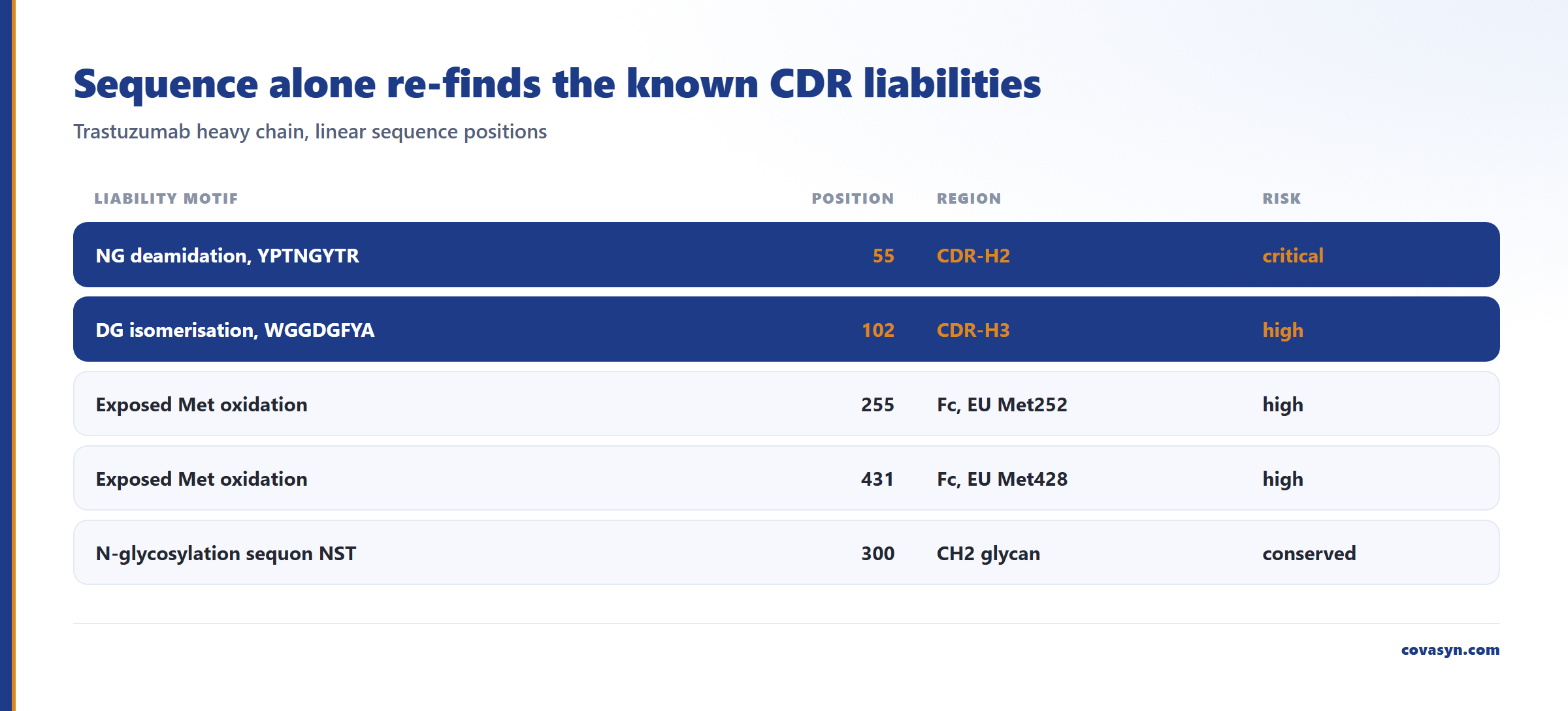 Tabelle der aus der Trastuzumab-Sequenz allein gefundenen Antikörper-Developability-Risiken: kritische NG-Deamidierung an Position 55 in CDR-H2, hochriskante DG-Isomerisierung an 102 in CDR-H3, Met-Oxidation an 255 und 431.